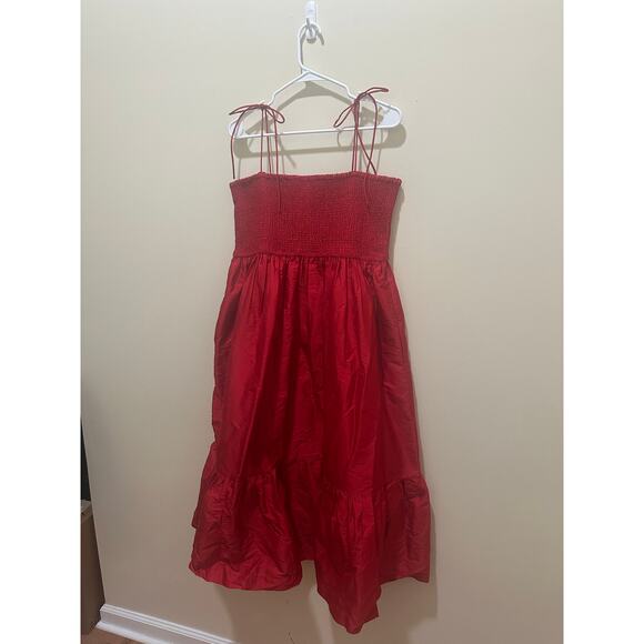 Dhruv Kapoor Sz L Anthropologie Smocked Cerise Dress Red Tiered Long - Nice! - Picture 7 of 8